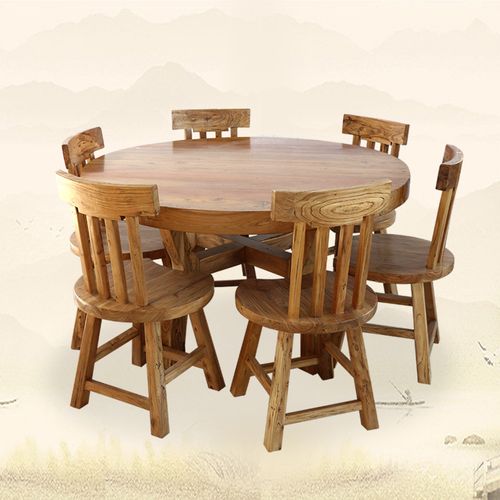 厂家直销老榆木家具中式休闲圆餐桌椅组合大料实木餐桌