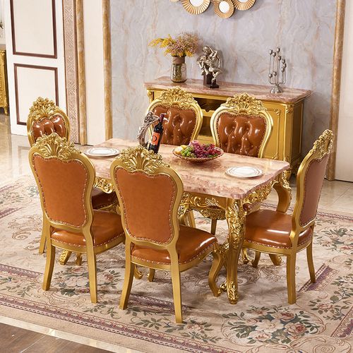 欧式大理石餐桌椅组合6人实木长餐桌1.5米餐厅别墅富贵金长餐台